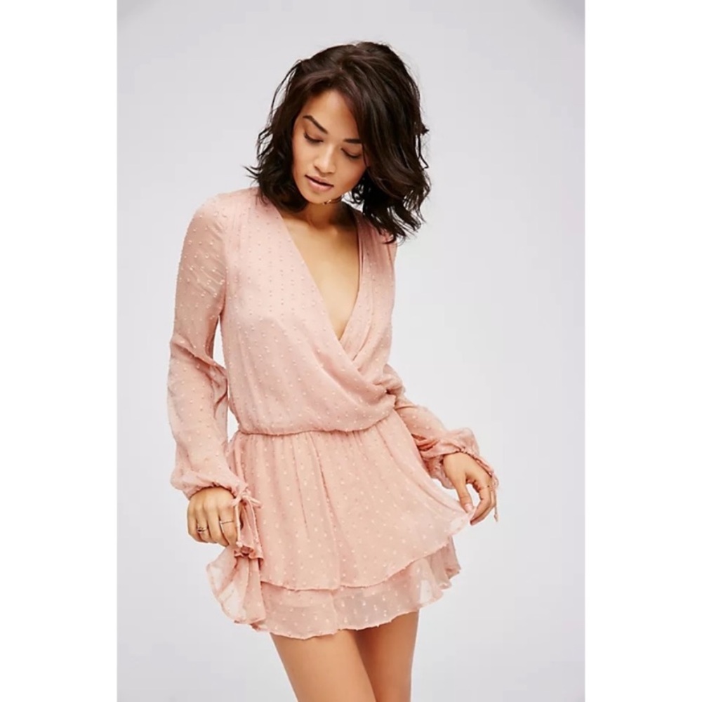 Free People Blush Pink Dahlia Drop Waist Swiss Dot Mini Dress